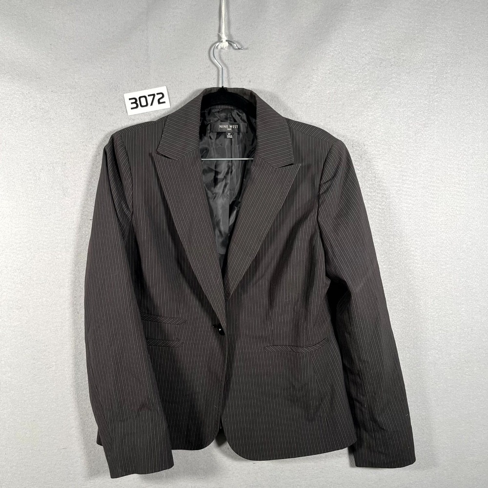 Nine West Blazer Jacket Womens 8 Petite Black Gray Striped Stretch Peak‎ Lapel